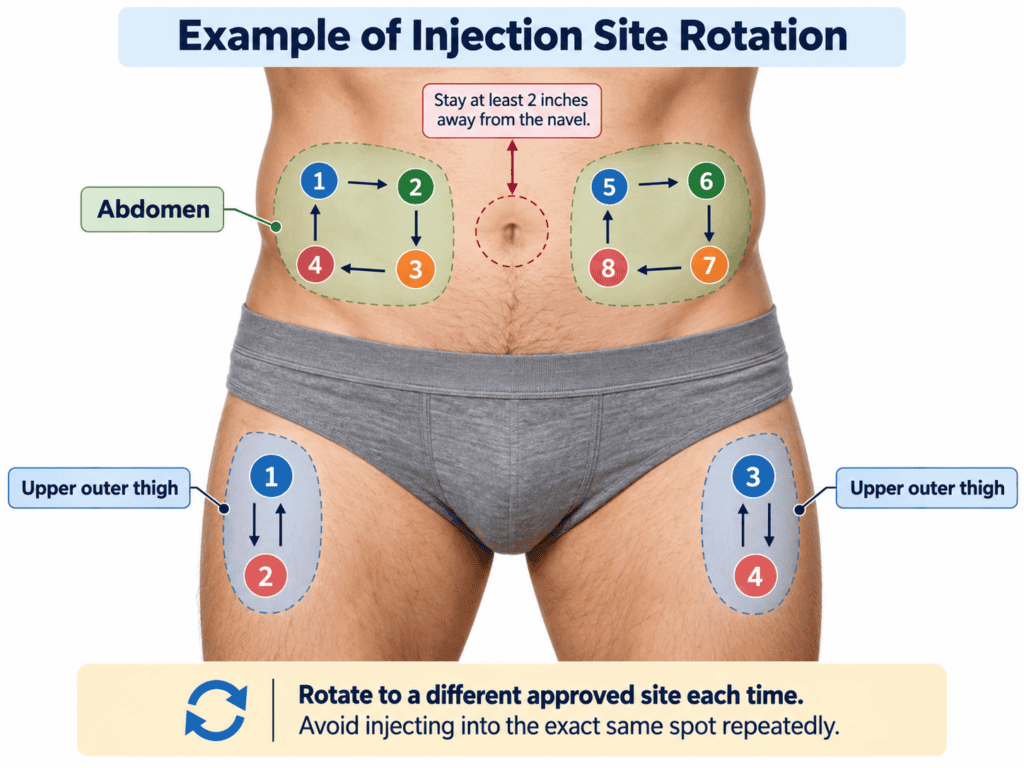 Diagram showing injection site rotation for subcutaneous T shots on abdomen and upper outer thighs, with numbered spots and guidance to rotate sites and keep injections at least 2 inches from the navel.