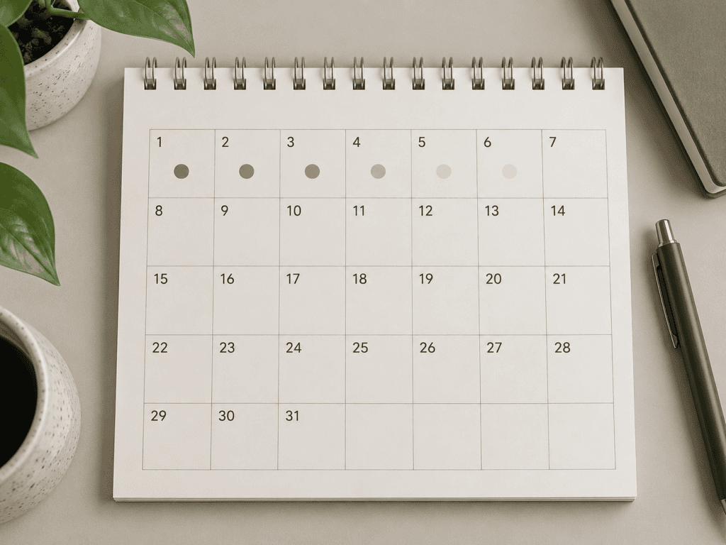Minimalist Monthly Cycle Calendar A spiral-bound calendar shows the first week with red dots marking days 1 through 5—perfect for tracking hormone replacement therapy. A pen, a plant, a notebook, and a cup of coffee are on the desk beside it.