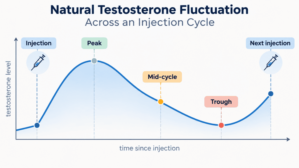 Natural Testosterone Fluctuation Cycle Graph shows testosterone levels rising after an HRT injection, peaking, then declining through mid-cycle to a trough before the next testosterone injection. Labels mark Injection, Peak, Mid-cycle, Trough, and Next injection.