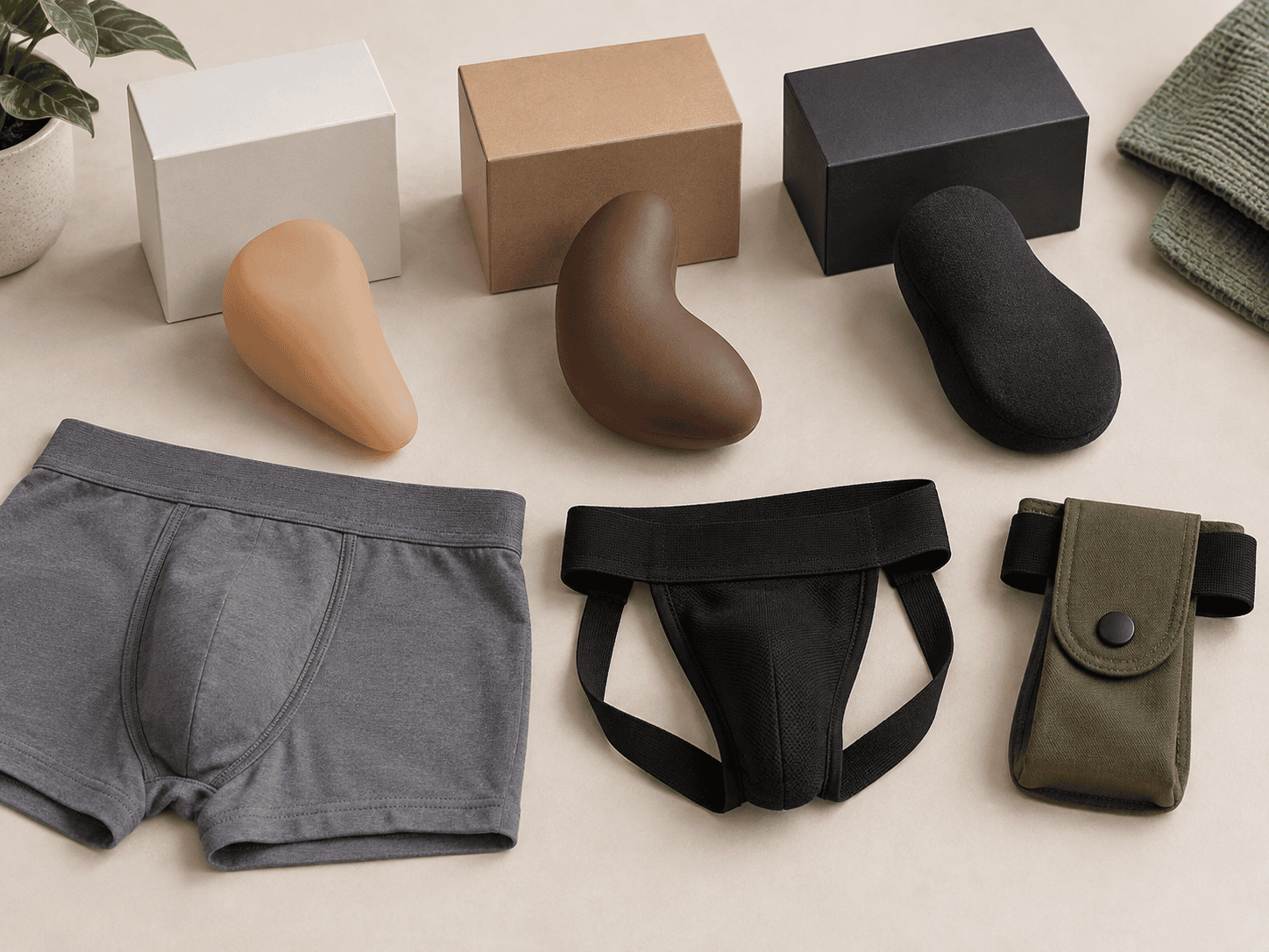 Three discreet packing options with packing underwear, a harness, and a pouch arranged for comparison