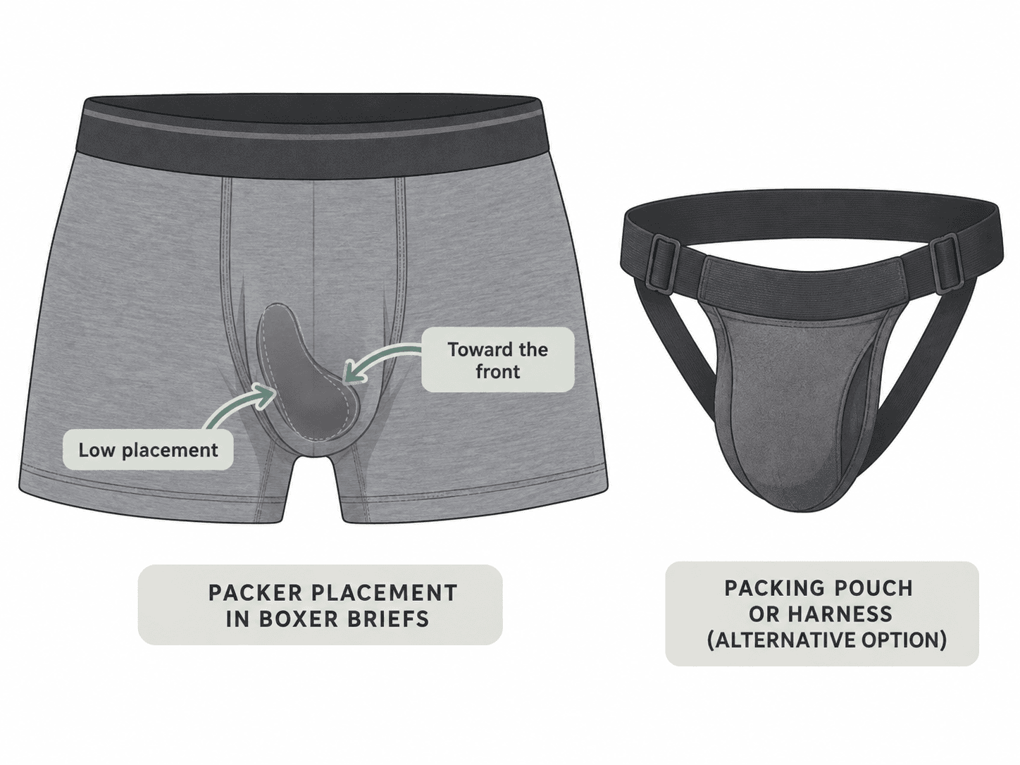 Illustrated guide showing packer placement in boxer briefs and an alternative packing pouch or harness option