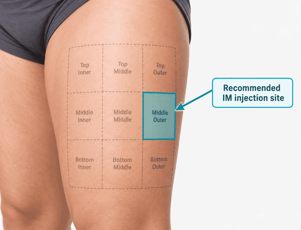 A diagram of a person’s thigh divided into nine sections highlights the “Middle Outer” area with a blue label and arrow as the recommended site for intramuscular T shots or testosterone injection.