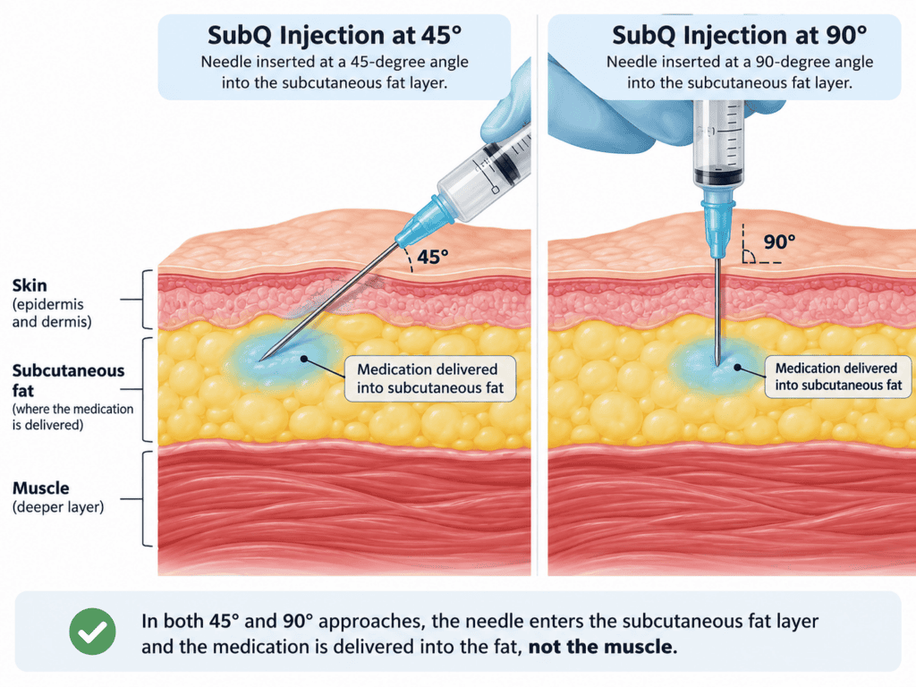 Two illustrations show how to inject testosterone with subcutaneous T shots at 45° and 90° angles into the fat layer, not the muscle. Labels explain skin layers and injection techniques.