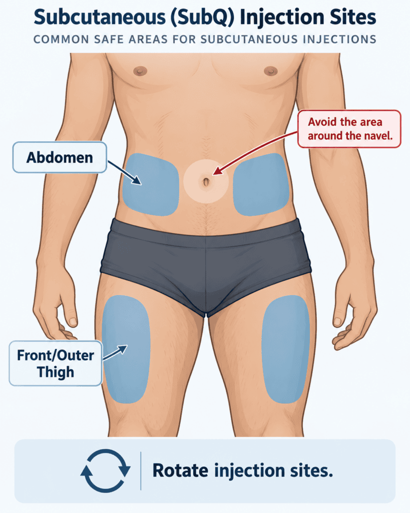 Diagram of a person showing safe subcutaneous testosterone injection sites on the abdomen and front/outer thighs, with a note to avoid the navel area and rotate injection sites.