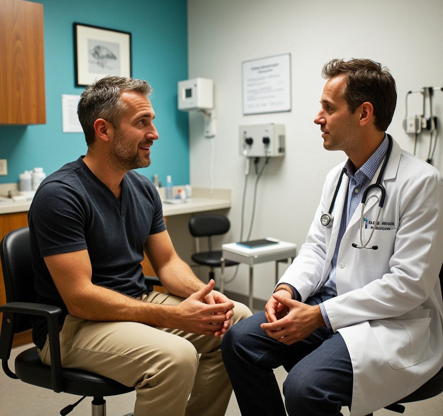 A casually dressed man and a clinician wearing a white coat sit facing each other during a consultation in an examination room.