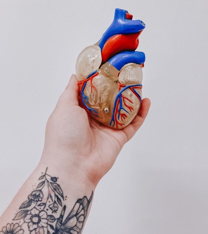 person with tattoo on hand holding ceramic figurine of human heart