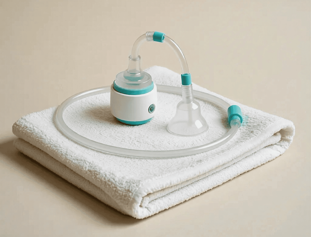 A compact white and teal suction device with transparent tubing and a funnel-shaped cup resting on a folded white towel.